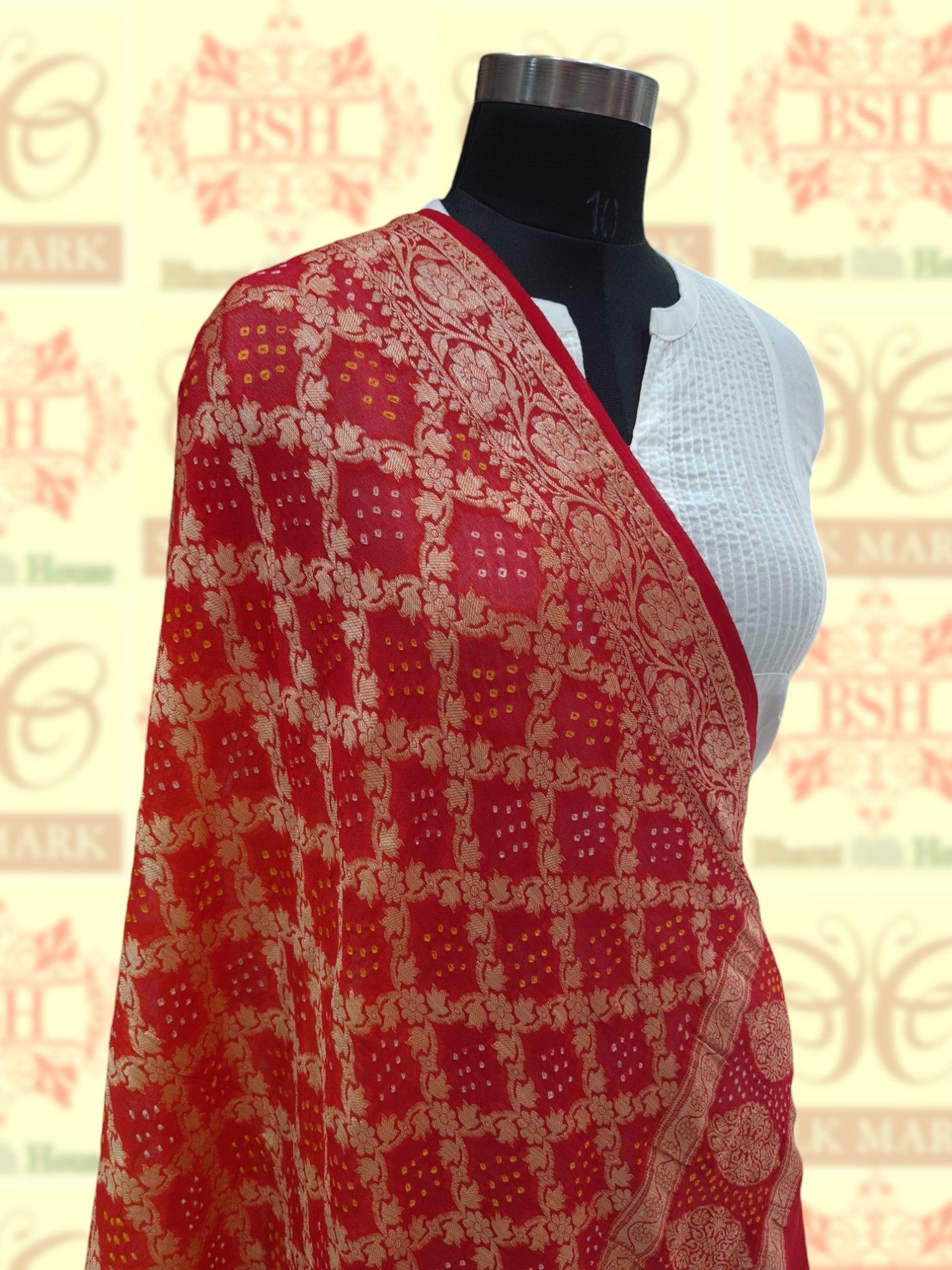 Red Georgette Banarasi Handloom Bandhani Dupatta - Bharat Silk House Bandhej