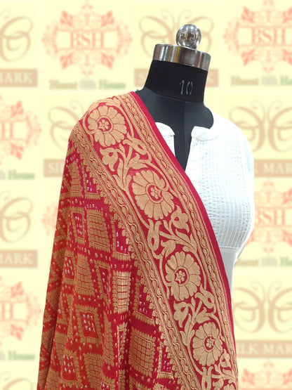 Red Georgette Banarasi Handloom Bandhani Dupatta - Bharat Silk House Bandhej