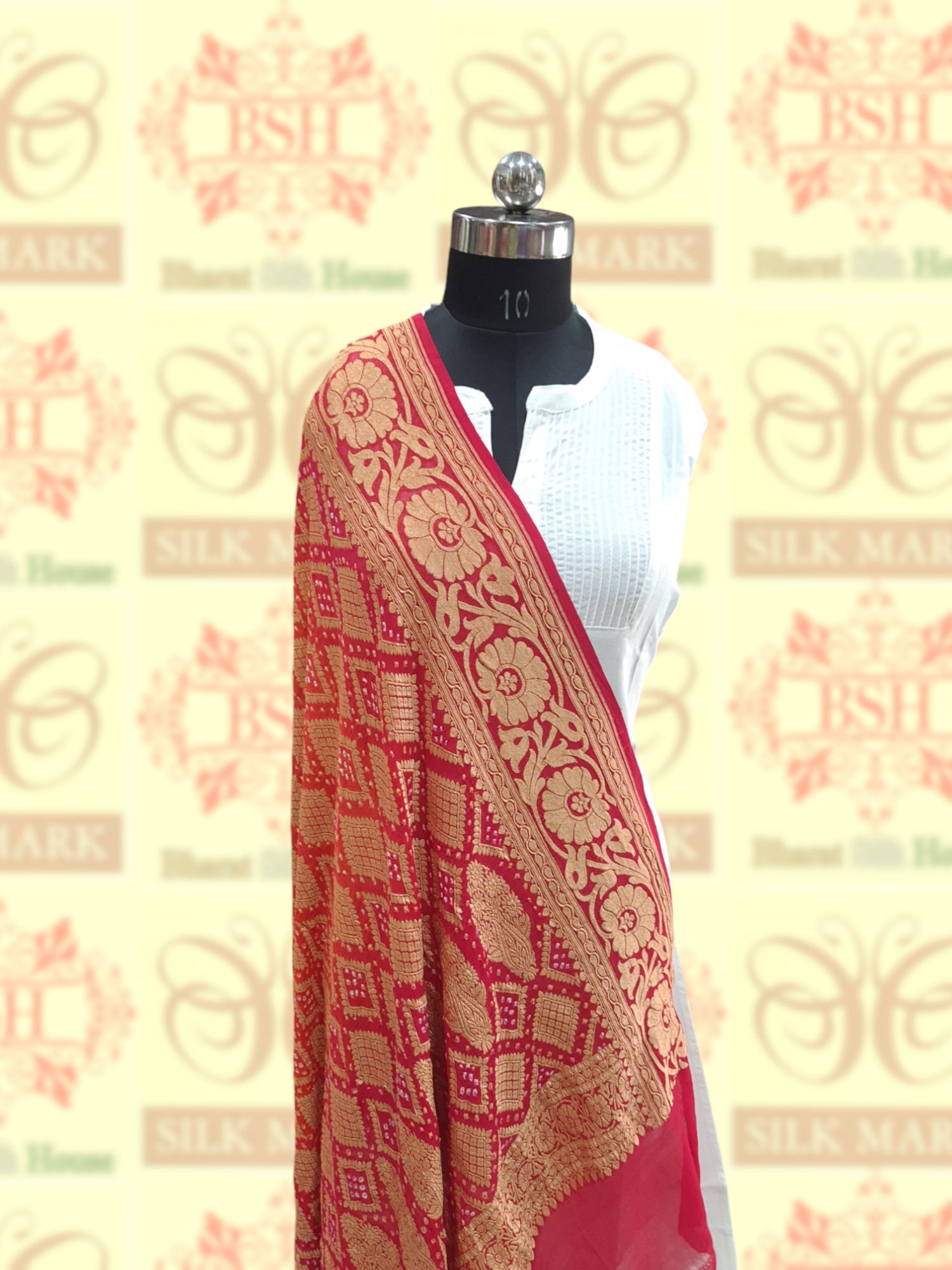 Red Georgette Banarasi Handloom Bandhani Dupatta - Bharat Silk House Bandhej