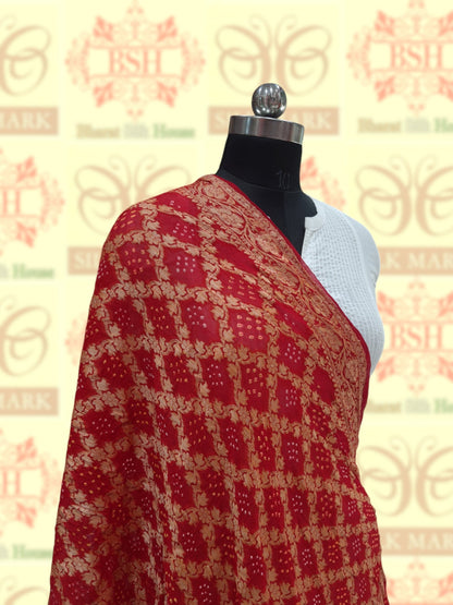 Red Georgette Banarasi Handloom Bandhani Dupatta - Bharat Silk House Bandhej