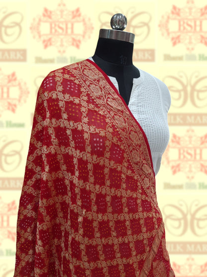 Red Georgette Banarasi Handloom Bandhani Dupatta - Bharat Silk House Bandhej