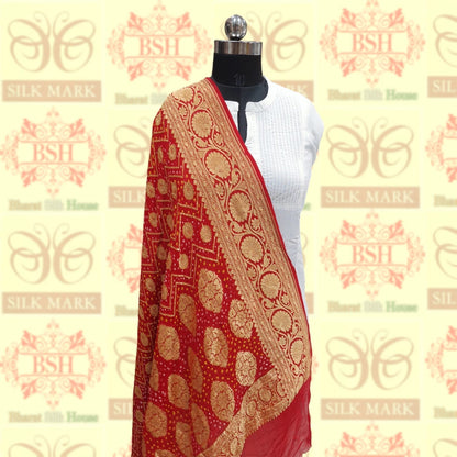 Red Georgette Banarasi Handloom Bandhani Dupatta - Bharat Silk House Bandhej