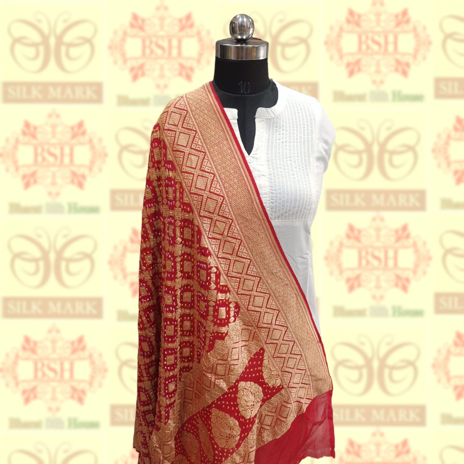 Red Georgette Banarasi Handloom Bandhani Dupatta - Bharat Silk House Bandhej