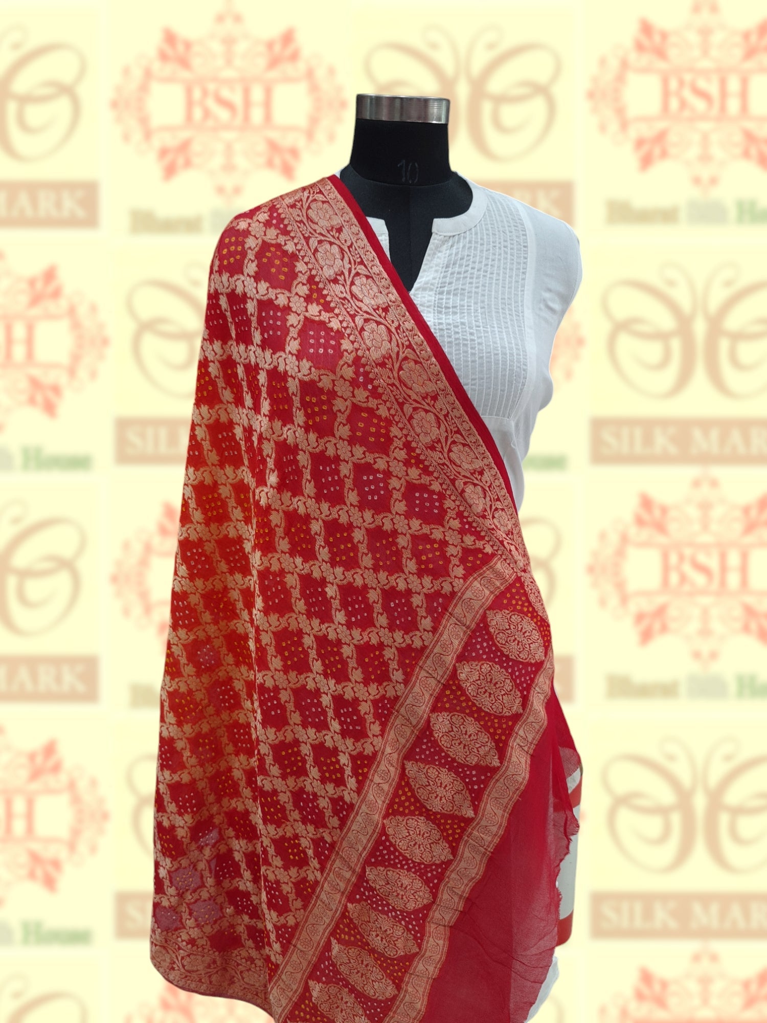 Red Georgette Banarasi Handloom Bandhani Dupatta - Bharat Silk House Bandhej