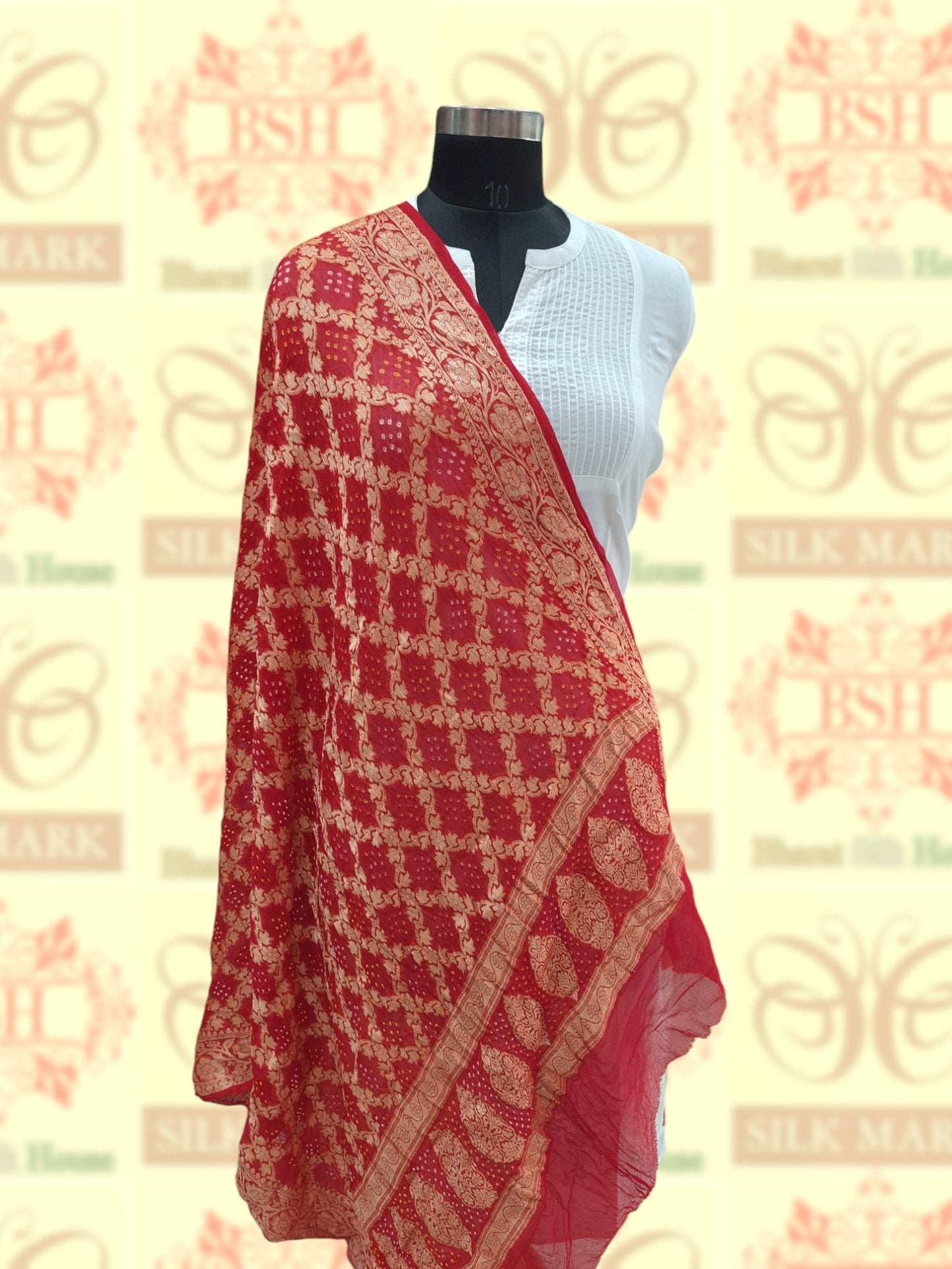 Red Georgette Banarasi Handloom Bandhani Dupatta - Bharat Silk House Bandhej