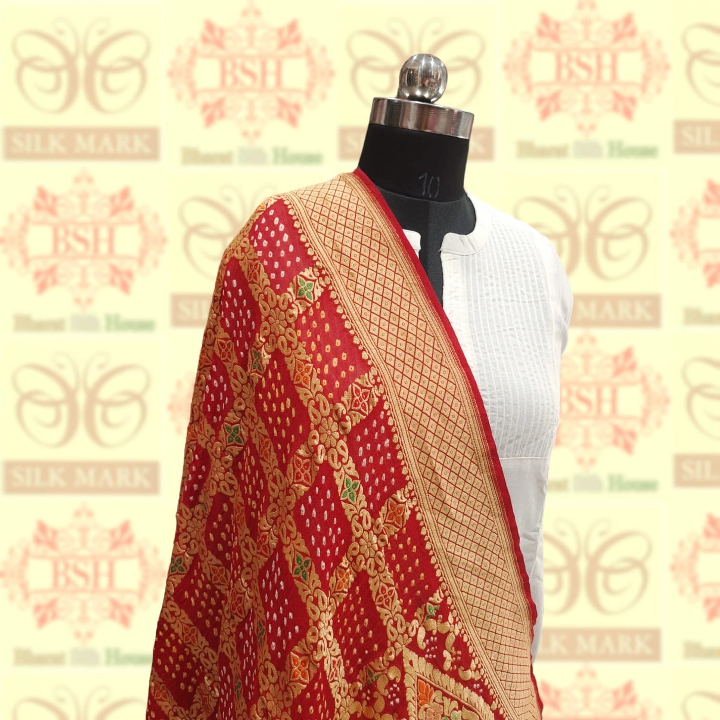 Red Georgette Banarasi Handloom Meenakari Bandhani Dupatta - Bharat Silk House Bandhej