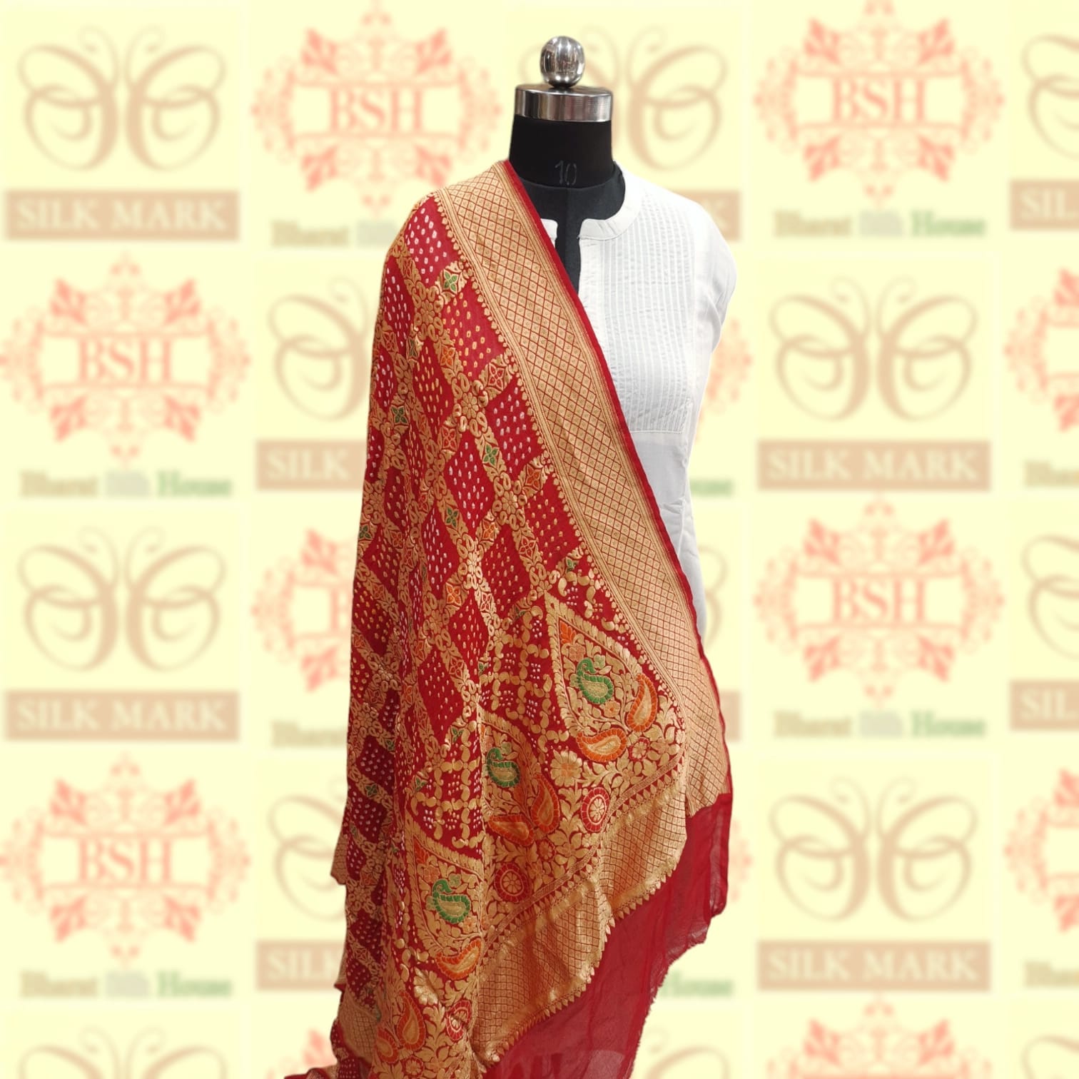 Red Georgette Banarasi Handloom Meenakari Bandhani Dupatta - Bharat Silk House Bandhej