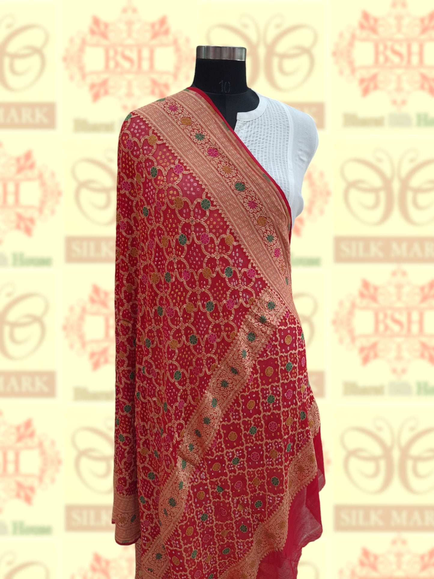 Red Georgette Banarasi Handloom Menakari Bandhani Dupatta - Bharat Silk House Bandhej