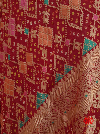 Red Georgette Banarasi Handloom Menakari Bandhani Dupatta - Bharat Silk House Bandhej