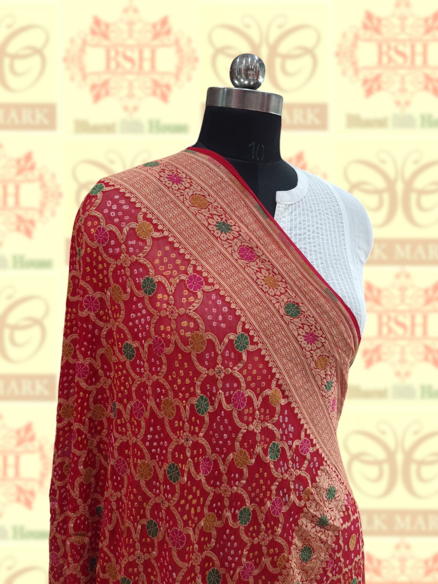 Red Georgette Banarasi Handloom Menakari Bandhani Dupatta - Bharat Silk House Bandhej