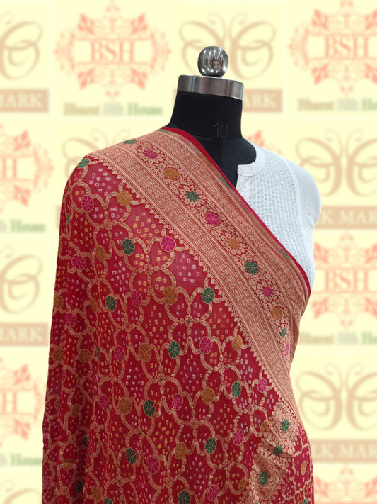 Red Georgette Banarasi Handloom Menakari Bandhani Dupatta - Bharat Silk House Bandhej