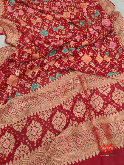 Red Georgette Banarasi Handloom Menakari Bandhani Dupatta - Bharat Silk House Bandhej