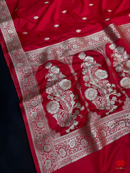 Red Mashru Silk All Over Booti With Jaal Blouse Design Saree - Bharat Silk House Mashroo Silk