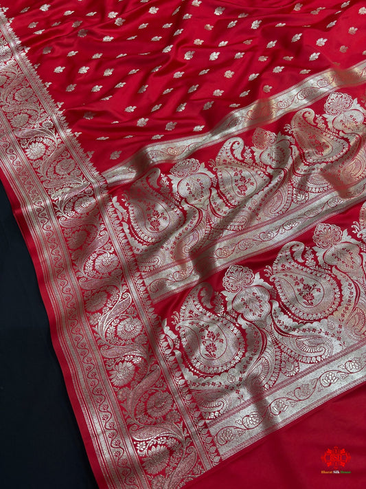 Red Mashru Silk Saree All Over Booti With Plain Blouse - Bharat Silk House Mashroo Silk