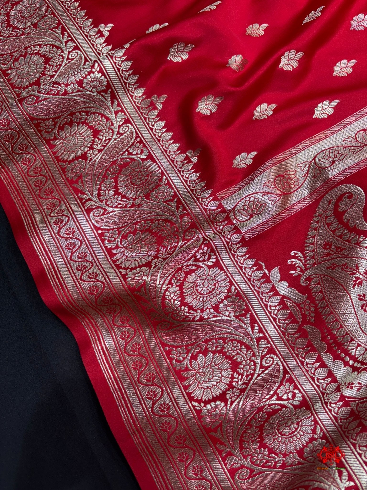 Red Mashru Silk Saree All Over Booti With Plain Blouse - Bharat Silk House Mashroo Silk