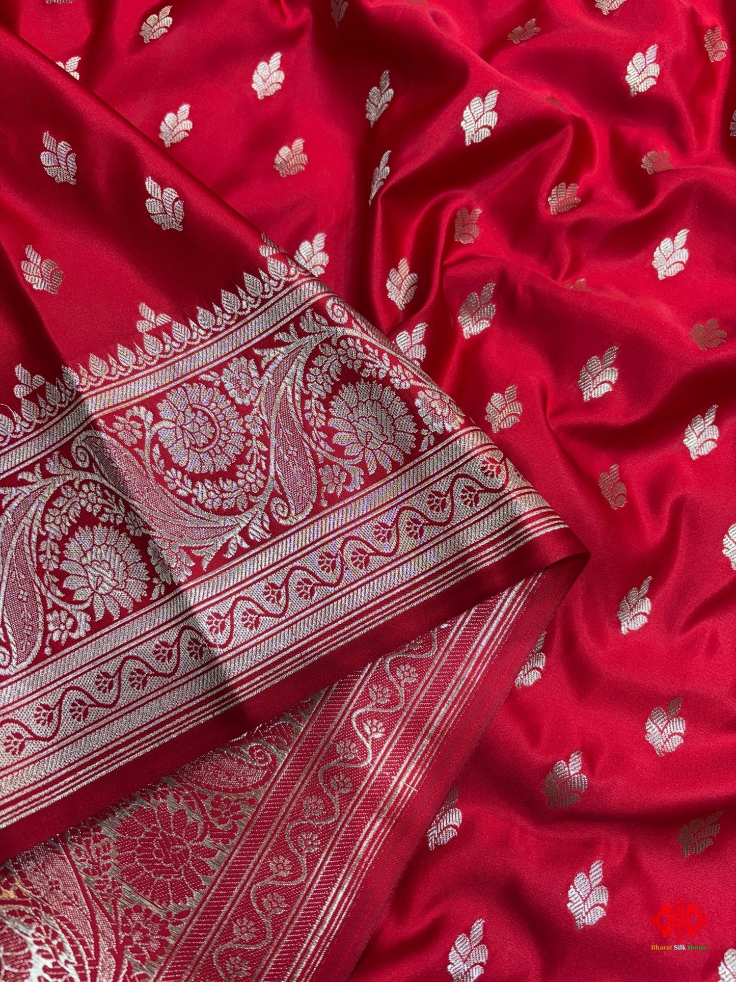 Red Mashru Silk Saree All Over Booti With Plain Blouse - Bharat Silk House Mashroo Silk