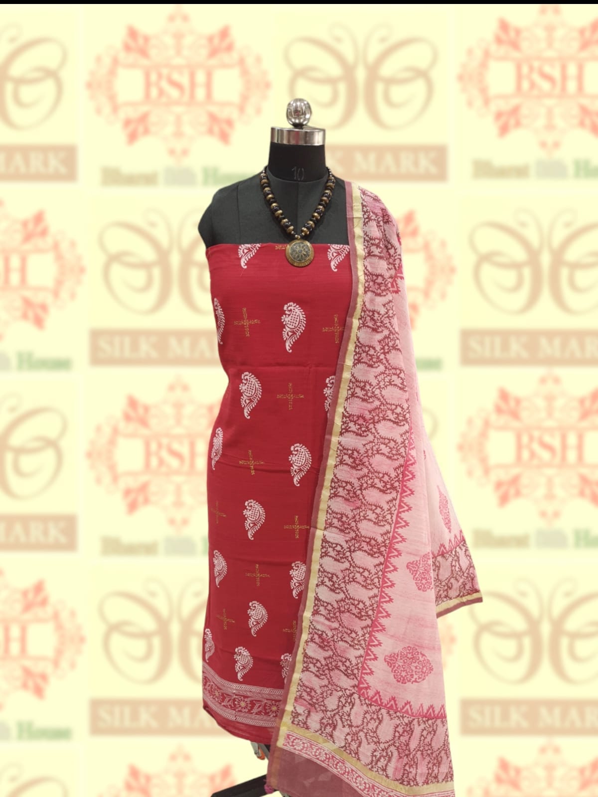 Red Pure Cotton Block Printed 2pcs Unstitched Suitsets - Bharat Silk House Cotton