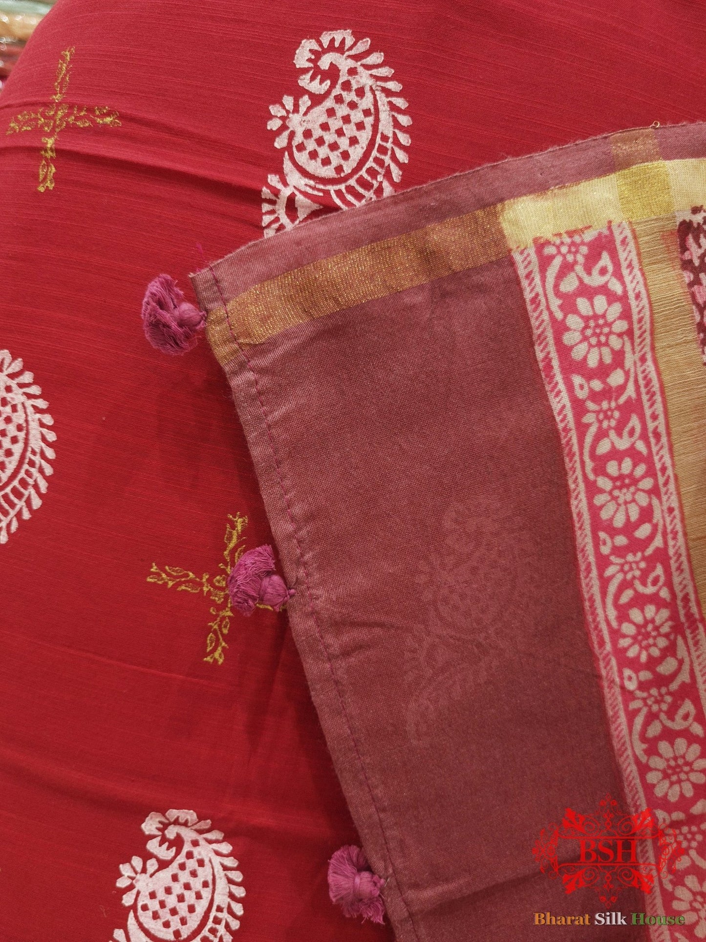 Red Pure Cotton Block Printed 2pcs Unstitched Suitsets - Bharat Silk House Cotton