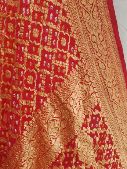 Red Pure Georgette Banarasi Handloom Bandhani Dupatta - Bharat Silk House Bandhej