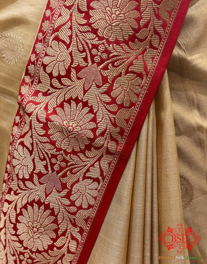 Reddish Brown Pure Tussar Moonga Silk Handloom Sare With Zari Border - Bharat Silk House Tussar