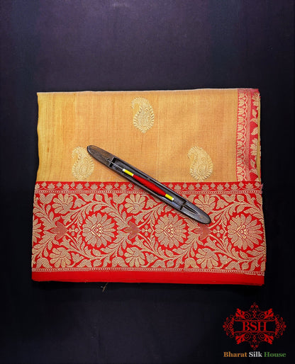 Reddish Brown Pure Tussar Moonga Silk Handloom Sare With Zari Border - Bharat Silk House Tussar