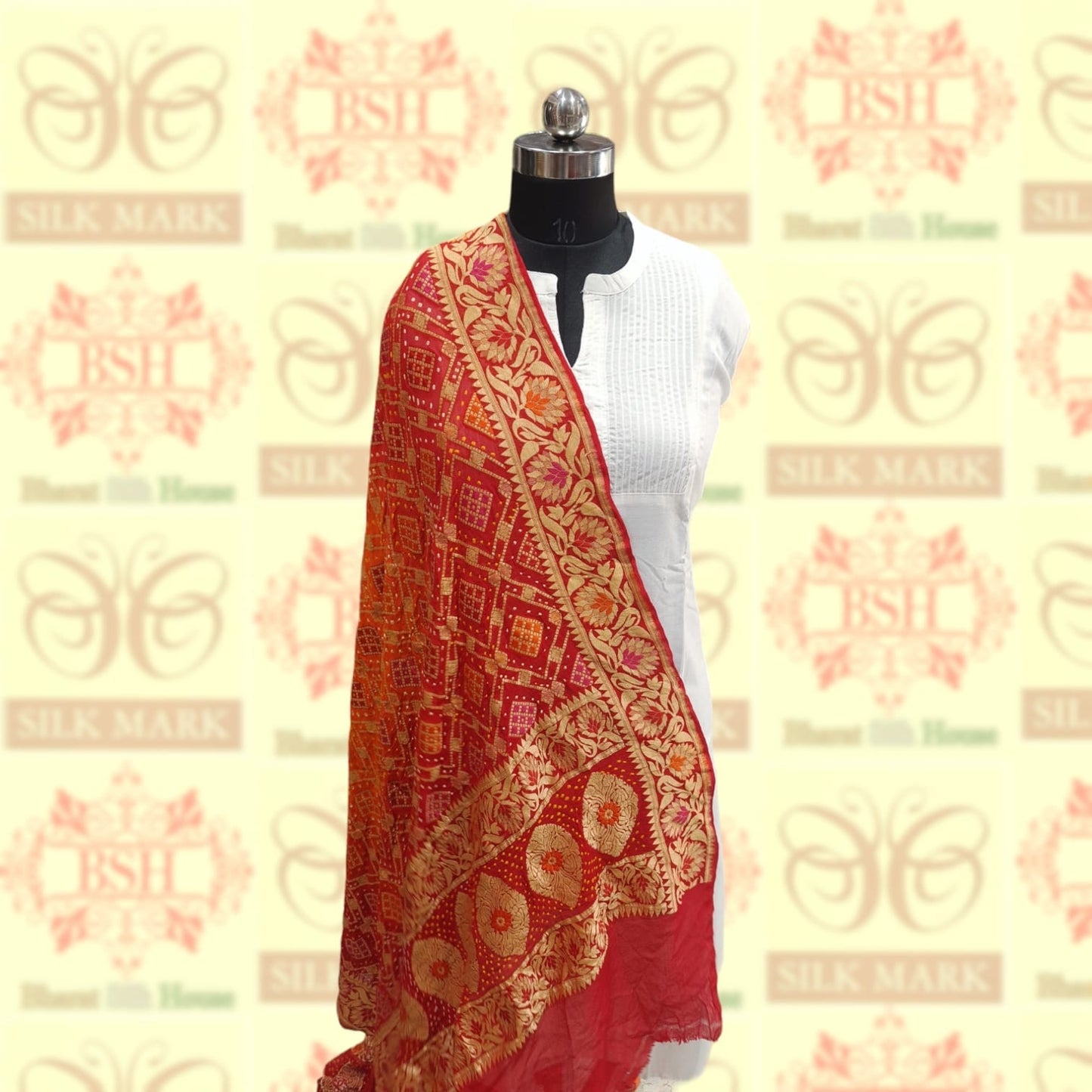 Red/Orange Georgette Banarasi Handloom Meenakari Bandhani Dupatta - Bharat Silk House Bandhej