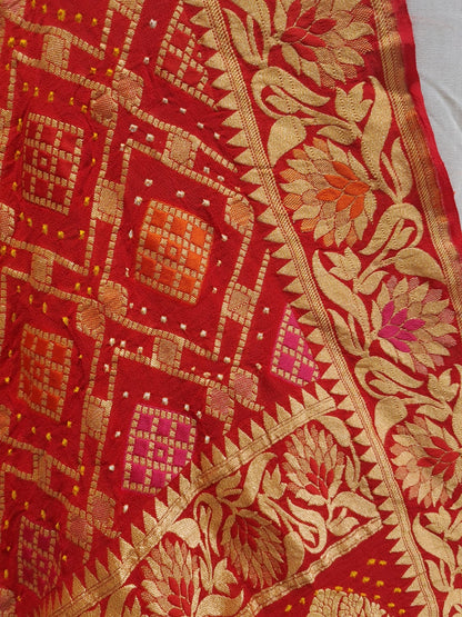 Red/Orange Georgette Banarasi Handloom Meenakari Bandhani Dupatta - Bharat Silk House Bandhej