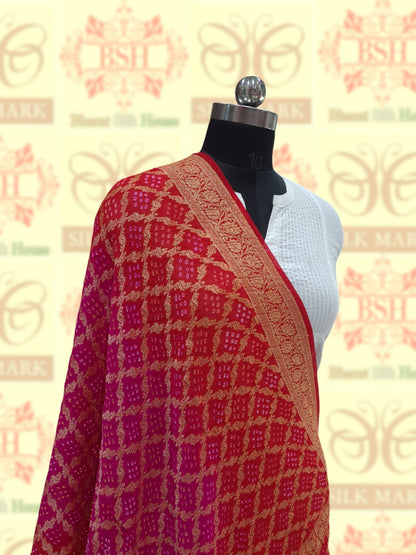 Red/Pink Georgette Banarasi Handloom Bandhani Dupatta - Bharat Silk House Bandhej