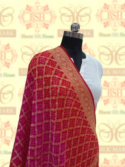 Red/Pink Georgette Banarasi Handloom Bandhani Dupatta - Bharat Silk House Bandhej