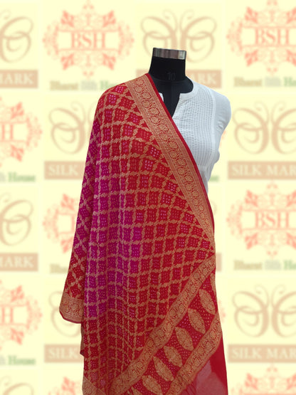 Red/Pink Georgette Banarasi Handloom Bandhani Dupatta - Bharat Silk House Bandhej