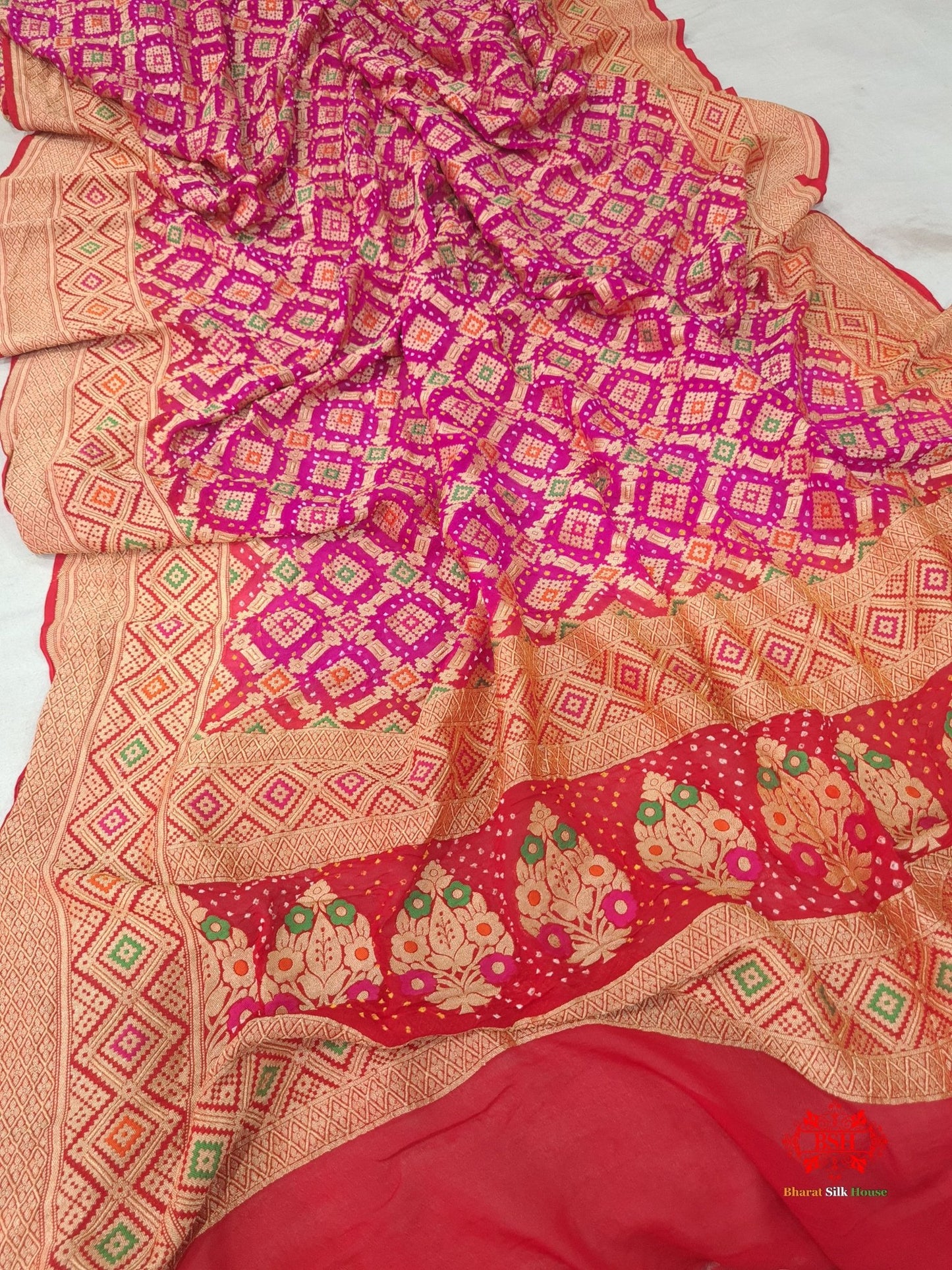 Red/Pink Georgette Banarasi Handloom Meenakari Bandhani Dupatta - Bharat Silk House Bandhej