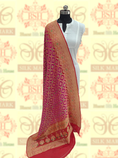 Red/Pink Georgette Banarasi Handloom Meenakari Bandhani Dupatta - Bharat Silk House Bandhej