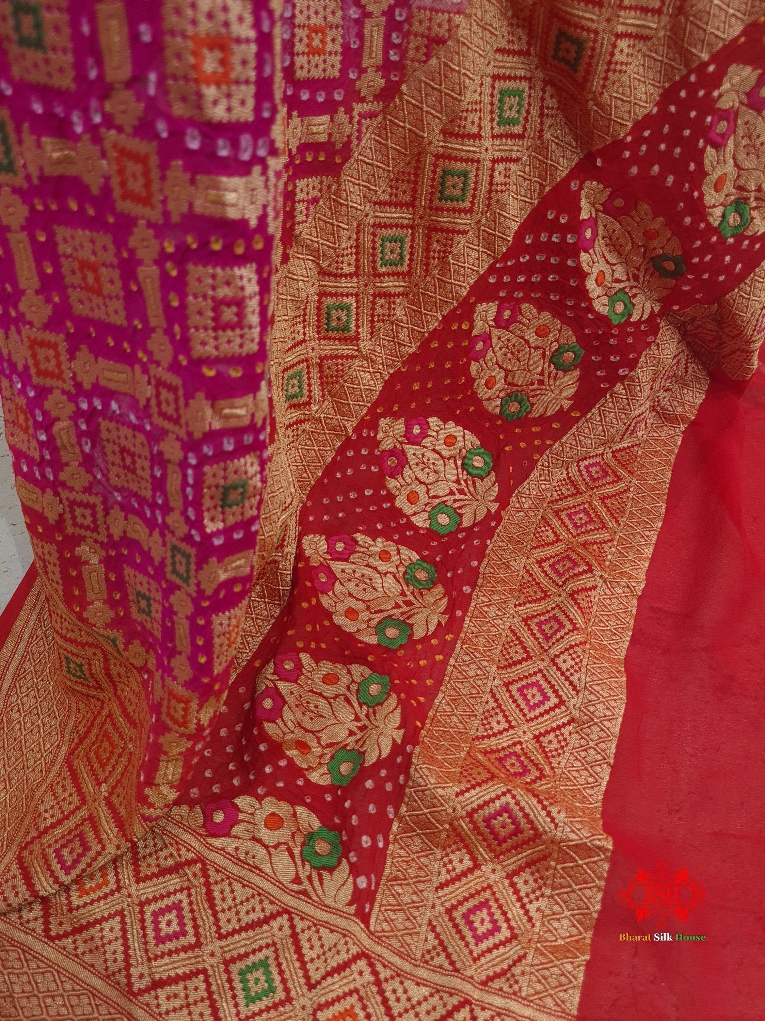 Red/Pink Georgette Banarasi Handloom Meenakari Bandhani Dupatta - Bharat Silk House Bandhej