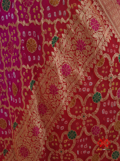 Red/Pink Georgette Banarasi Handloom Menakari Bandhani Dupatta - Bharat Silk House Pure Silk Dupatta