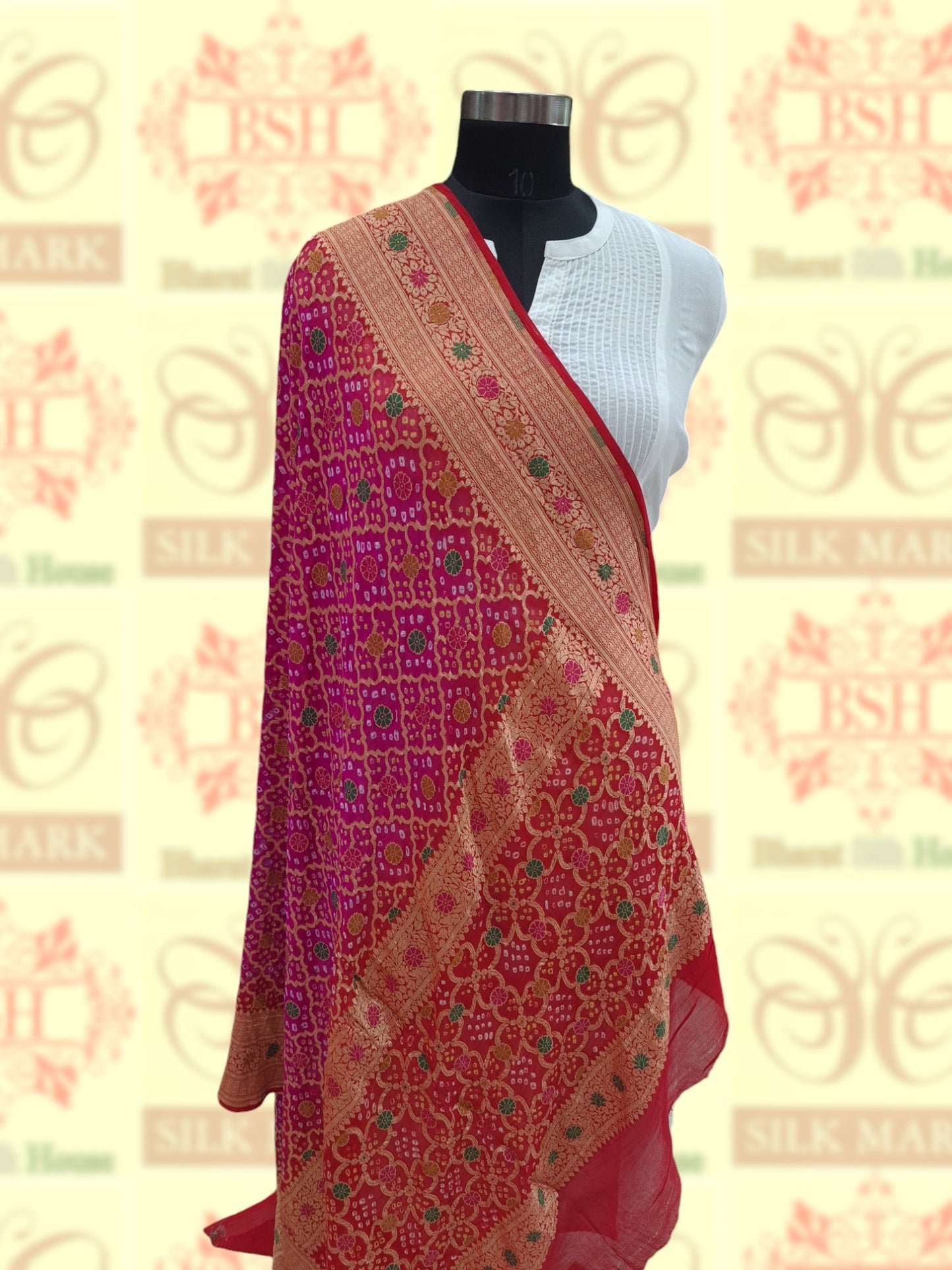 Red/Pink Georgette Banarasi Handloom Menakari Bandhani Dupatta - Bharat Silk House Pure Silk Dupatta