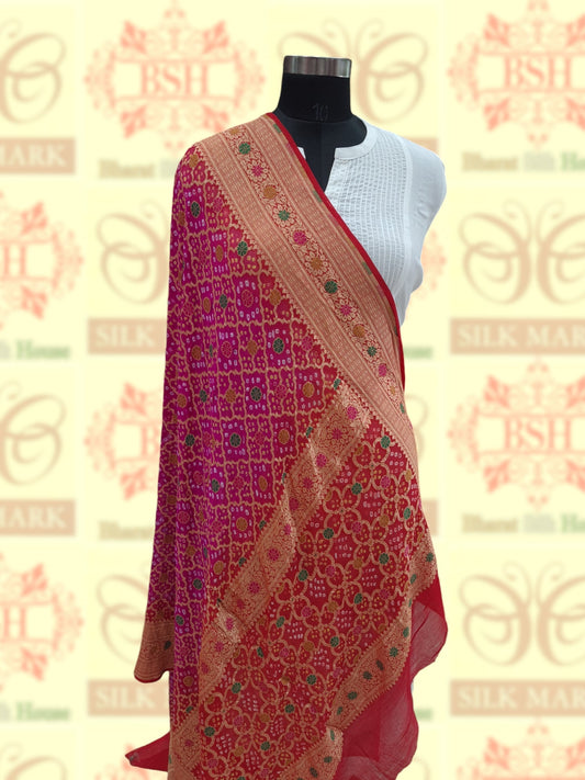 Red/Pink Georgette Banarasi Handloom Menakari Bandhani Dupatta - Bharat Silk House Pure Silk Dupatta