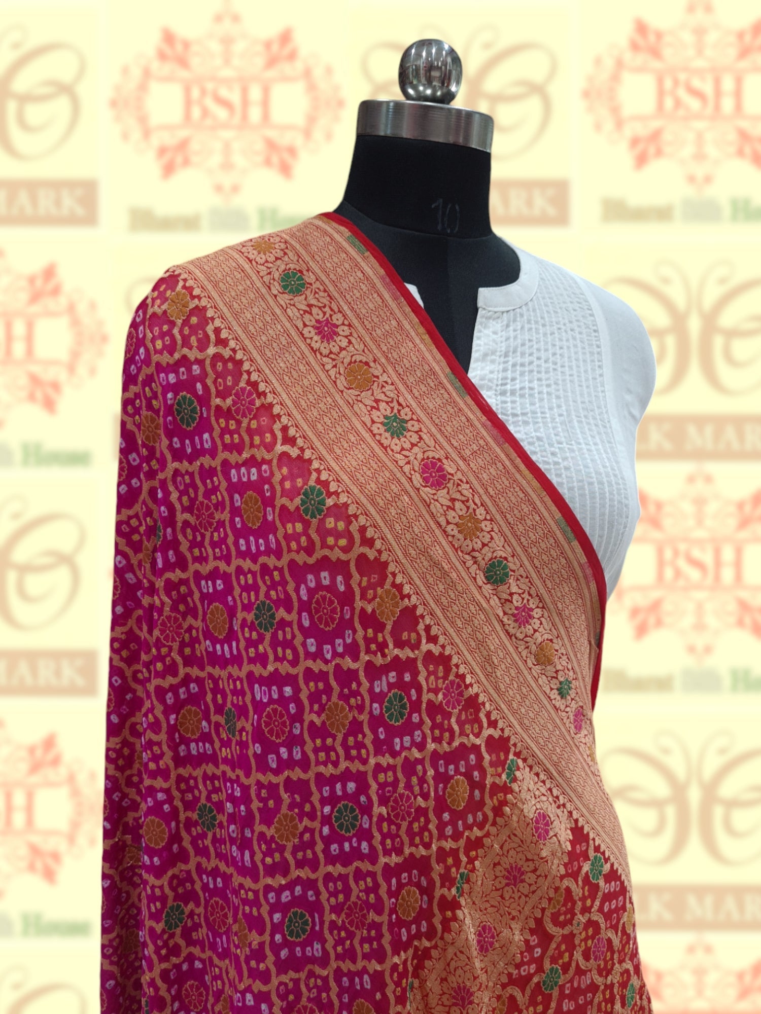 Red/Pink Georgette Banarasi Handloom Menakari Bandhani Dupatta - Bharat Silk House Pure Silk Dupatta