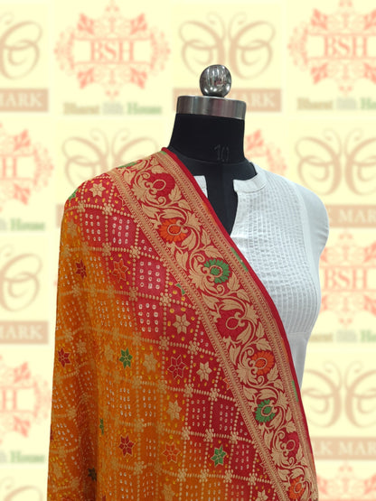 Red/Yellow Georgette Banarasi Handloom Meenakari Bandhani Dupatta - Bharat Silk House Bandhej