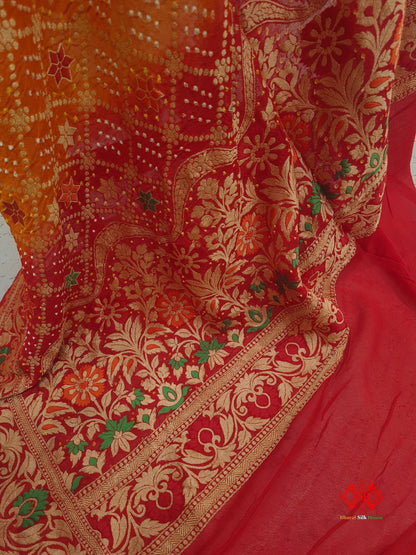 Red/Yellow Georgette Banarasi Handloom Meenakari Bandhani Dupatta - Bharat Silk House Bandhej