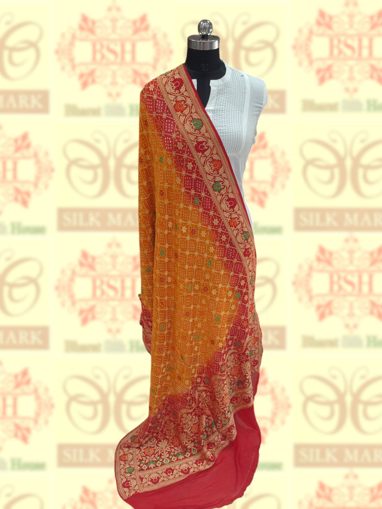 Red/Yellow Georgette Banarasi Handloom Meenakari Bandhani Dupatta - Bharat Silk House Bandhej