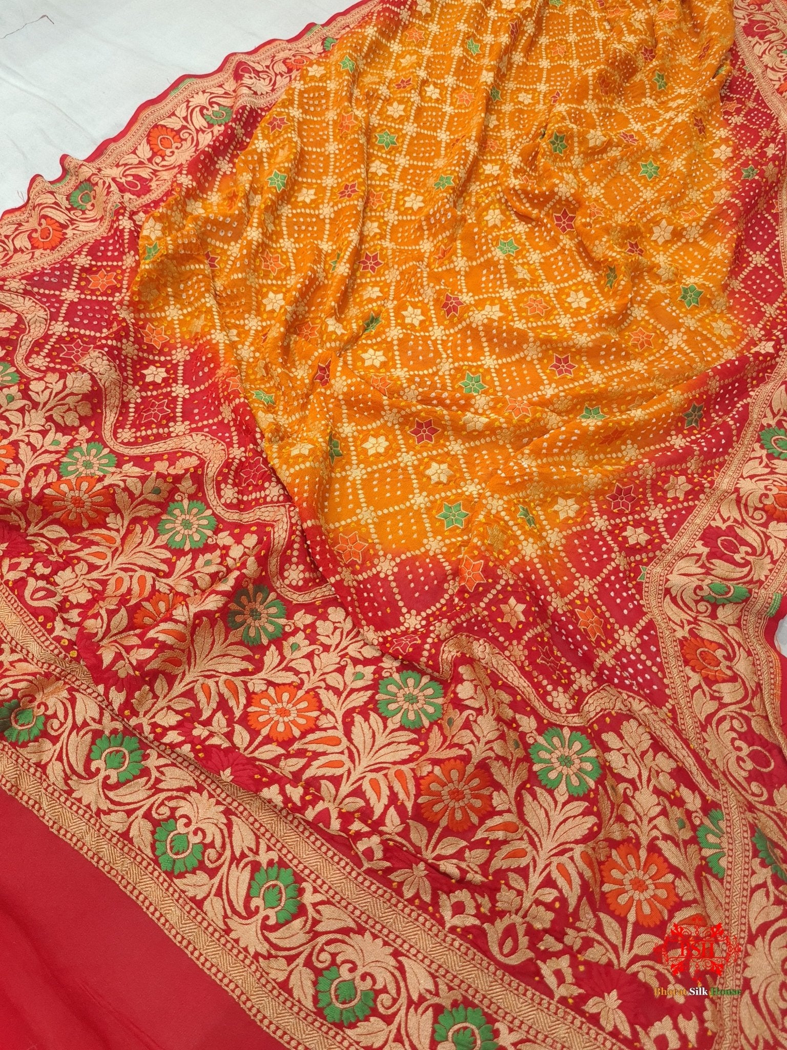 Red/Yellow Georgette Banarasi Handloom Meenakari Bandhani Dupatta - Bharat Silk House Bandhej