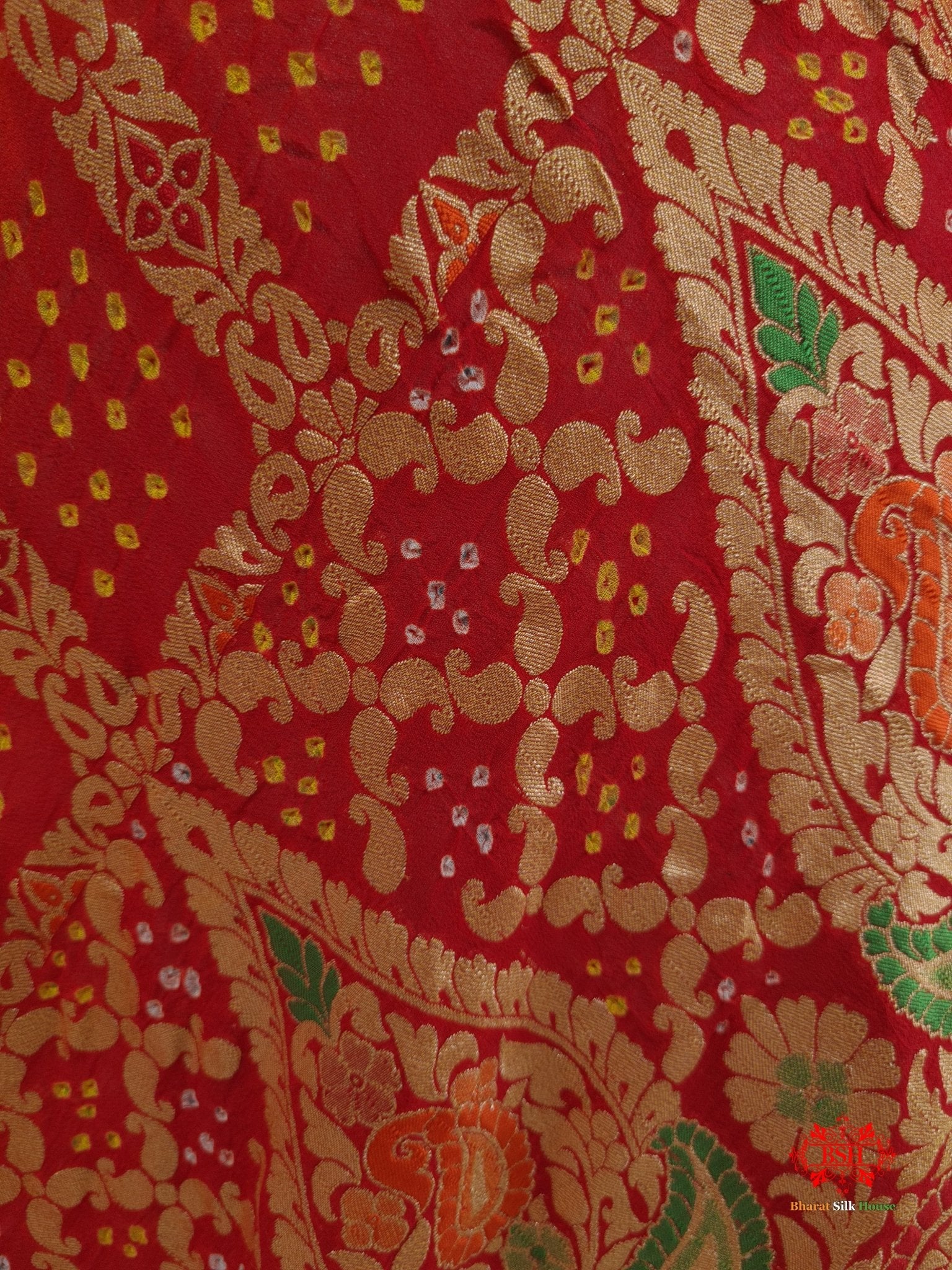 Red/Yellow Georgette Banarasi Handloom Menakari Bandhani Dupatta - Bharat Silk House Pure Silk Dupatta