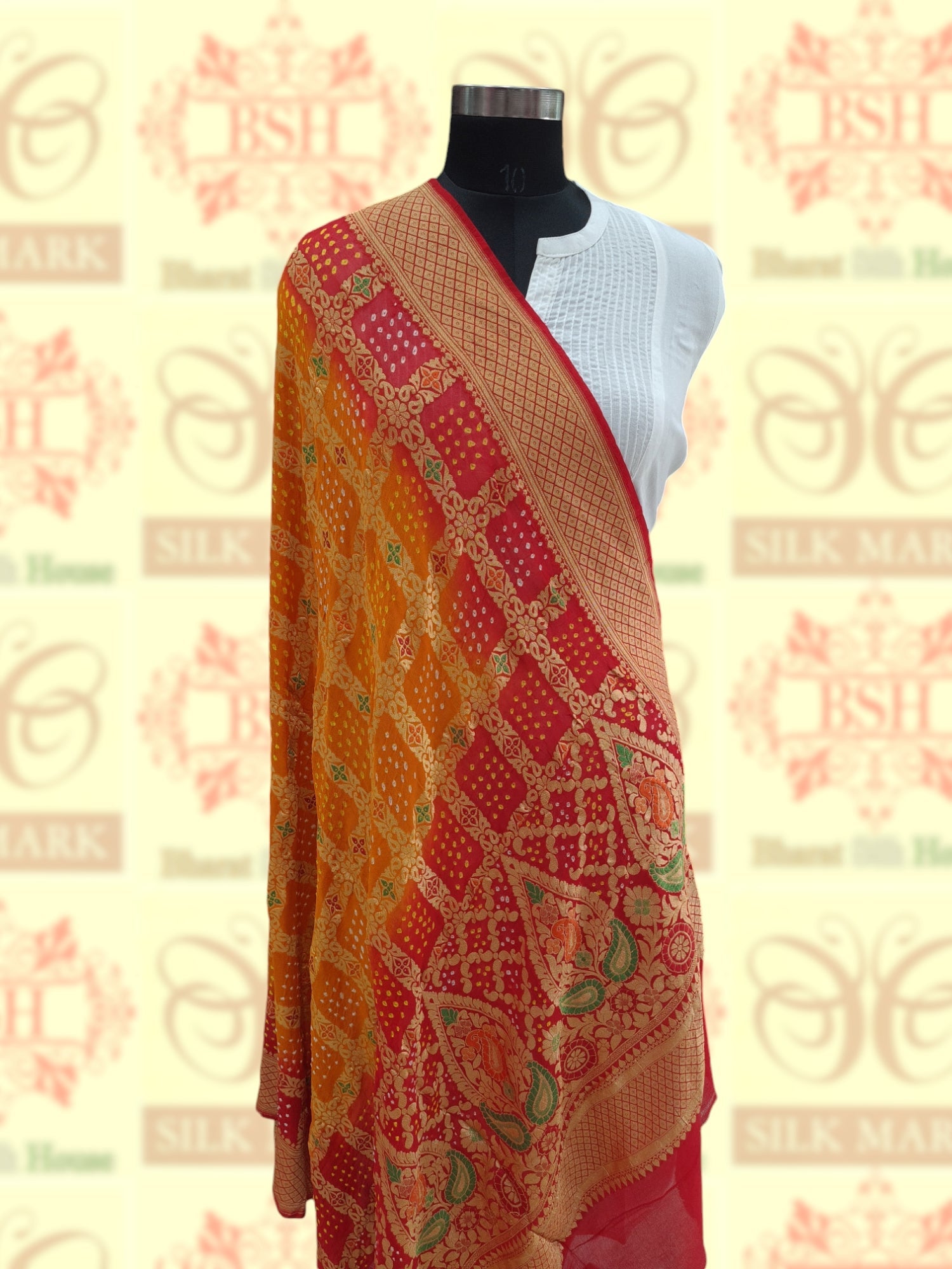 Red/Yellow Georgette Banarasi Handloom Menakari Bandhani Dupatta - Bharat Silk House Pure Silk Dupatta