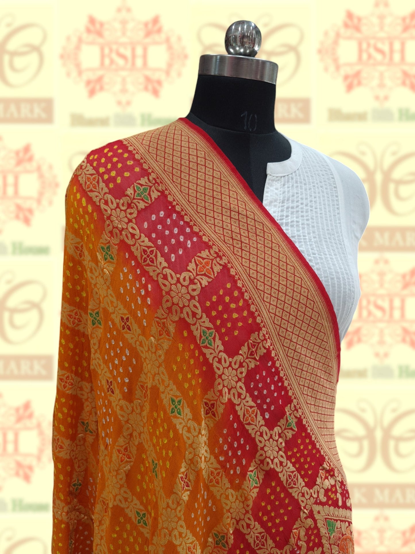 Red/Yellow Georgette Banarasi Handloom Menakari Bandhani Dupatta - Bharat Silk House Pure Silk Dupatta