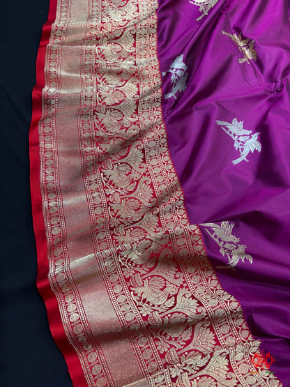 Pure Banarasi  Handloom Katan Silk  Antique Dual Zari Saree In Shades Of Wine