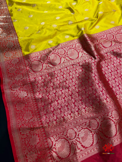 Pure Banarasi  Handloom Katan Silk Antique Zari Saree In Shades Of Yellow