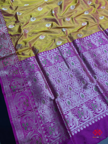 Pure Banarasi  Handloom Katan Silk Antique Meena Zari Saree In Cross Shades Of Yellow/Pink