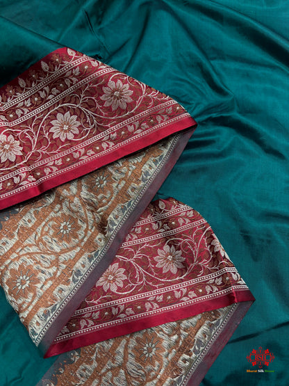 Pure Banarasi  Handloom Katan Silk Reshami Zari Saree In Shades Of Cadmium Green With Red Border