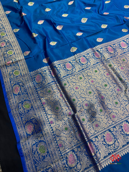 Pure Banarasi  Handloom Katan Silk Antique Meena Zari Saree In Shades Of Blue