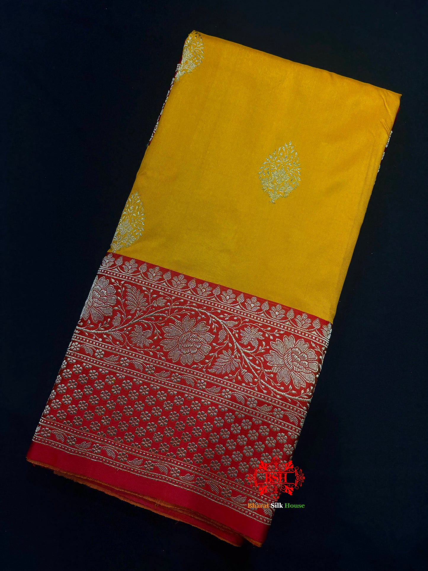 Pure Banarasi  Handloom Katan Silk Antique Zari Saree In Shades Of Yellow